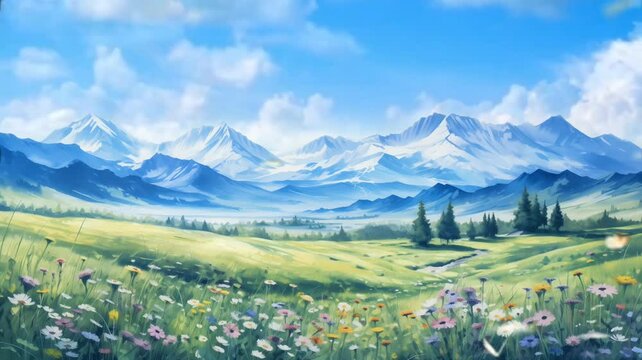 A seamless 4K time-lapse watercolor painting of a picturesque mountain range overlooking a vast, green grassland, with the seasons changing dynamically, generative ai