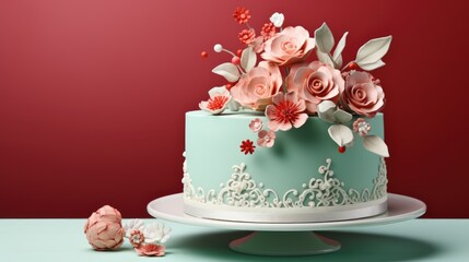  a blue and white cake with pink flowers on top of a white cake platter on a blue table with a red wall behind it and a pink wall in the background.
