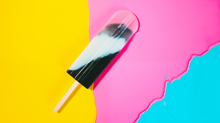 A blue, black and pink popsicle on a white stick against yellow and pink background. Minimalist and abstract feel.