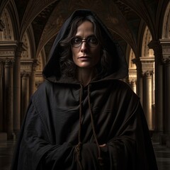 52 year old black haired Italian women with glasses in a dark hooded robe in an ancient cathedral looking into the camera menacing with power , generated by AI