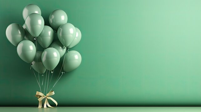  a bunch of white balloons with a bow on a table in front of a green wall with a bow on the bottom of the balloons, and a gold ribbon on the bottom of the balloon.