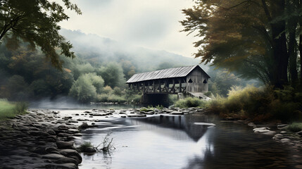 Fototapeta premium Charming Rustic Covered Bridge Over a Babbling Creek, Enhanced with Cool and Muted Tones to Evoke a Nostalgic and Tranquil Atmosphere