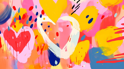 An abstract Valentine's day background consists of various shapes, brush strokes, splatters and several  hearts scattered throughout. Soft and romantic mood.