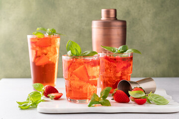 Cold and refreshing strawberry basil cocktail, spring or summer cocktail or mocktail