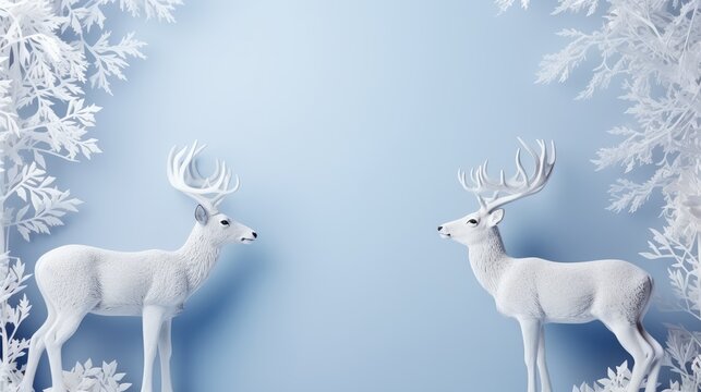  two white deer standing next to each other in front of a blue background with white snowflakes and snowflakes on the sides of the two of them. © Shanti