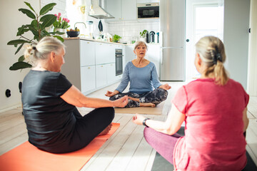 Senior women doing yoga together at home