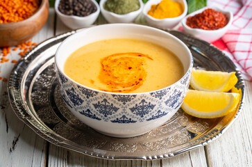 Traditional delicious Turkish foods; Red lentil soup (Turkish name; Mercimek corbasi)