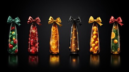  a group of candy wrapped in cellophane and tied with a bow and decorated with christmas lights and baubles, all in different shapes and sizes, on a black background.