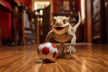 a young bearded agama runs after a football - obrazy, fototapety, plakaty