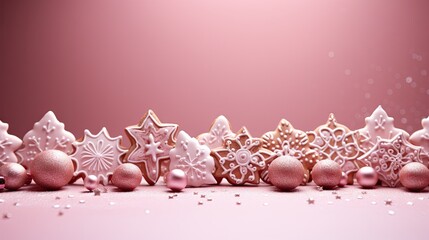 Obraz na płótnie Canvas a row of pink and gold christmas ornaments on a pink background with stars and snowflakes on the left and right side of the row of the row is a row of pink and white snowflakes.
