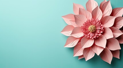  a close up of a pink flower on a teal background with space for a text or an image to put on the back of the flower ornament.
