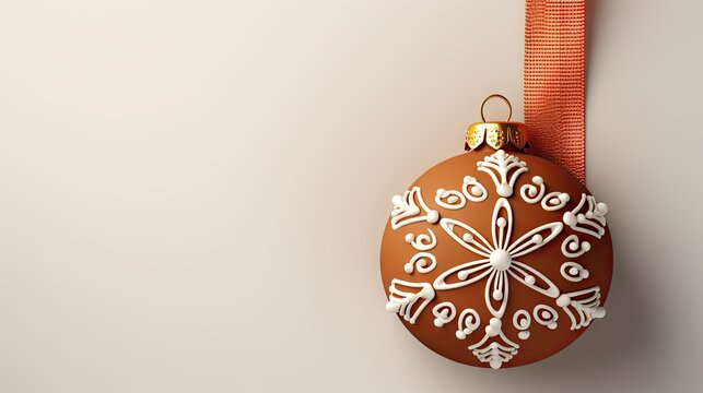  a brown and white christmas ornament hanging from a red ribbon on a white wall with a red ribbon around it and a gold ornament on the side of the ornament.