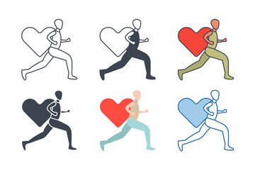 Charity Run icon collection with different styles. Running Person with Heart icon symbol vector illustration isolated on white background