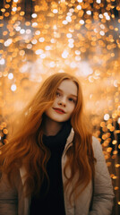 Redhead girl with long curly hair in a black sweater on a background of golden lights.