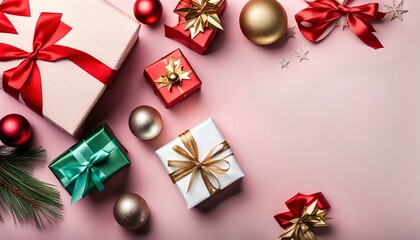 Christmas composition with gifts on light pastel pink background. Flat lay, top view. Copy space. Banner backdrop. pastel bacground