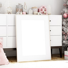 Fototapeta na wymiar Christmas frame mockup, Interior mockup, Living room