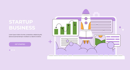 Space rocket launch. Creative, innovative idea. Business start up, launching new project concept. Landing page template. Vector illustration isolated on purple background, modern flat cartoon style.