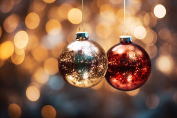 Decorative Christmas baubles against bokeh lights background.
