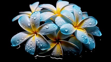 Frangipani or Plumeria flowers with water drops on black background, close up. Springtime Concept....
