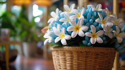 Frangipani or Plumeria flowers in the basket on the table. Springtime Concept. Valentine's Day Concept with a Copy Space. Mother's Day.