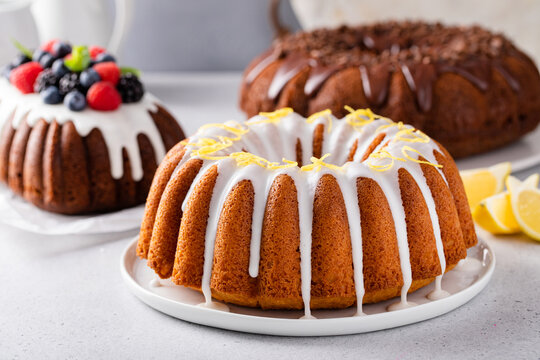 Variety of bundt cakes and loaf cakes ready to eat