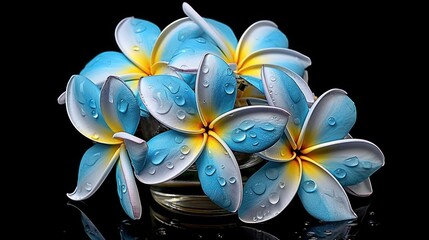 Frangipani or Plumeria flowers with water drops on black background. Springtime Concept....