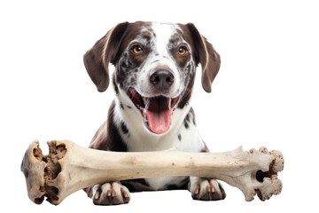 portrait of a dog with bone looking at the camera isolated on transparent background