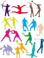 Many colorful silhouettes of athletes representing various sports disciplines. Vector contours of team sports disciplines