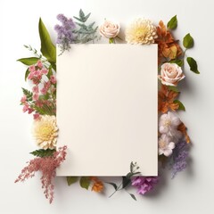Beautiful large flat rectangle paper surrounded by flowers,white background. Generative AI image...
