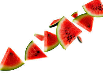 Pieces of watermelon fly in space forming the shape of a chain. Isolated on white