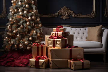 christmas tree with wrapped gifts with red ribbons