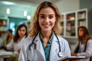 A smiling female doctor or nurse in a hospital setting, radiating warmth and friendliness