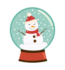 Cartoon vector illustration of snow globe with snowman wearing Christmas cap and red scarf