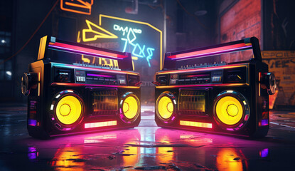 two boomboxes next to each other on a neon illuminated street at night