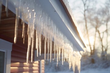 Icicles on house roof in cold winter, close-up