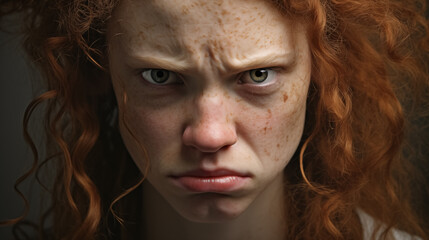 Fierce redhead woman with a defiant scowl.