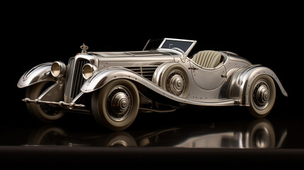 Vintage roadster on a reflective surface.