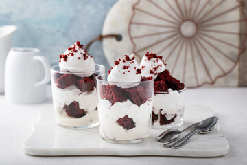Red velvet layered dessert or parfait in individual glasses