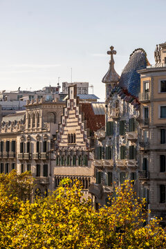 Aerial view of the Manzana de la Discordia with the modernist buildings of Casa Batllo, Casa Lleo Morera, Casa Mulleras, Casa Ametller and Casa Bonet on Paseo de Gracia avenue in Barcelona