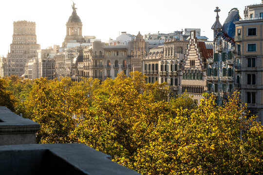 Aerial view of the Manzana de la Discordia with the modernist buildings of Casa Batllo, Casa Lleo Morera, Casa Mulleras, Casa Ametller and Casa Bonet on Paseo de Gracia avenue in Barcelona