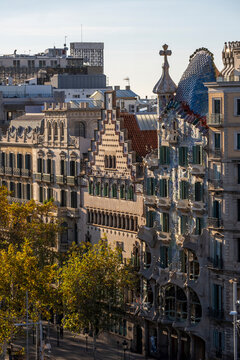 Aerial view of the Manzana de la Discordia with the modernist buildings of Casa Batllo, Casa Lleo Morera, Casa Mulleras, Casa Ametller and Casa Bonet on Paseo de Gracia avenue in Barcelona