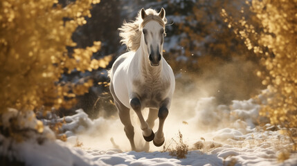 Obraz na płótnie Canvas Majestic white horse galloping in snow.