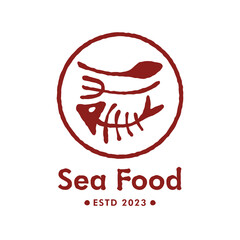 Sea food vintage logo with fish bone illustration.