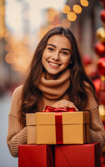 Fototapeta na wymiar Smiling girl holding a stack of boxes with gifts