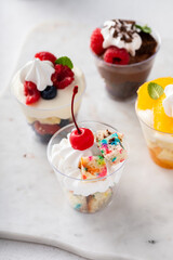 Variety of dessert in cups, individual desserts in cups
