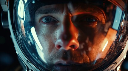 cinematic closeup of an astronaut with reflections on his visor - obrazy, fototapety, plakaty