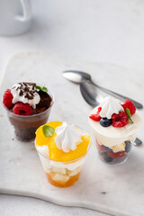 Variety of dessert in cups, individual desserts in cups