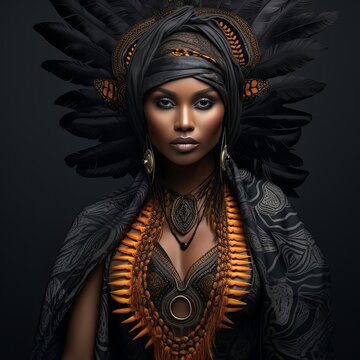 An african woman portrait with headdress and feathers on black background , generated by AI