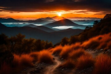 Intense atmospheric mood on the brink of dawn, the horizon painted in warm hues, silhouettes of distant mountains adding depth
