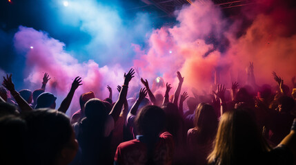 Fototapeta na wymiar Crowd at music concert with lights and smoke